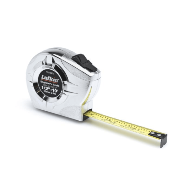 Lufkin P2210MEXN 1/2” x 3m/10ft P2000 Series Chrome Case SAE/Metric Yellow Clad A36 Blade Power Return Tape