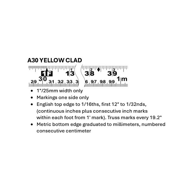 Lufkin PHV1035CMEN 3/4” x 5m/16ft P1000 Series SAE/Metric Yellow Clad A30 Blade Power Return Tape