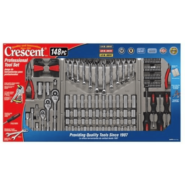 Cret-CTK148MP 148Pc. 1/4", 3/8", and 1/2" Drive 6 and 12 Point SAE/Metric Mechanics Tool Set