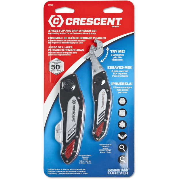 Cret-CFW2 2 Piece Folding Flip and Grip Wrench Set, Adjustable Jaw Fits Over 50 Fasteners